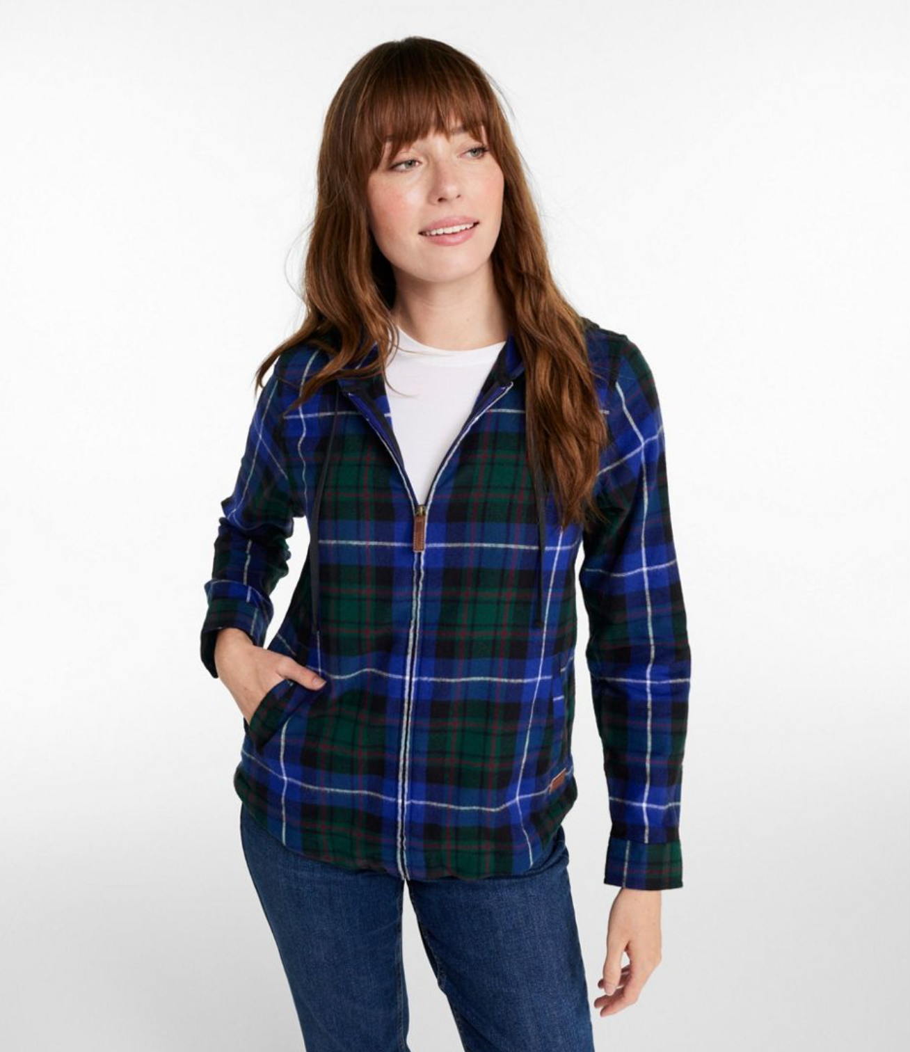LL Bean Women's Scotch Plaid Flannel Shirt, Relaxed Zip Hoodie
